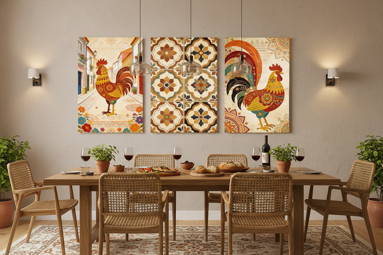 Portuguese folk art Galo de Barcelós and azulejo tile triptych canvas wall art set displayed in a warm rustic dining room interior - Portugal Canvas Co