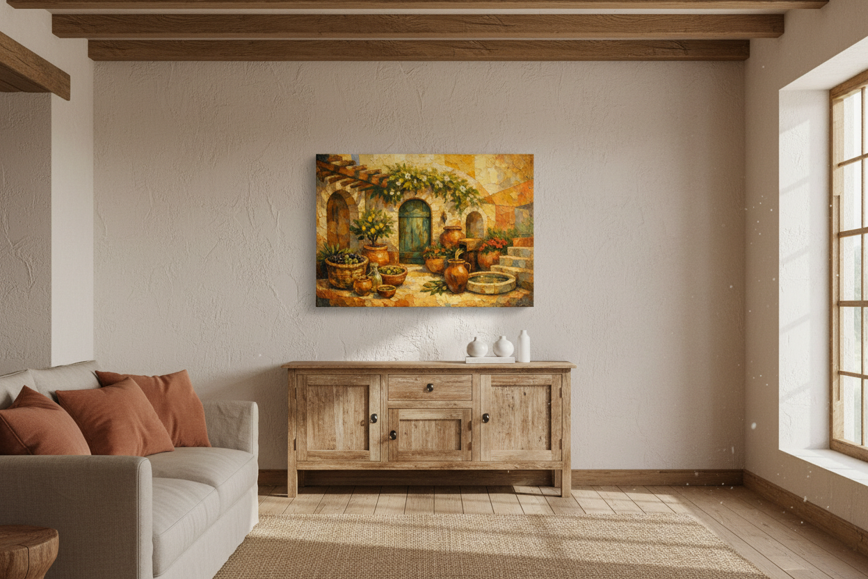 Mediterranean courtyard still life canvas wall art displayed in a rustic living room with exposed wooden beams and linen sofa - Portugal Canvas Co