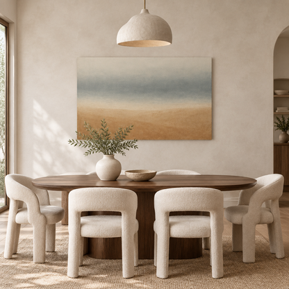 Neutral abstract horizon canvas with muted blue and warm sand bands in organic modern dining room - Portugal Canvas Co
