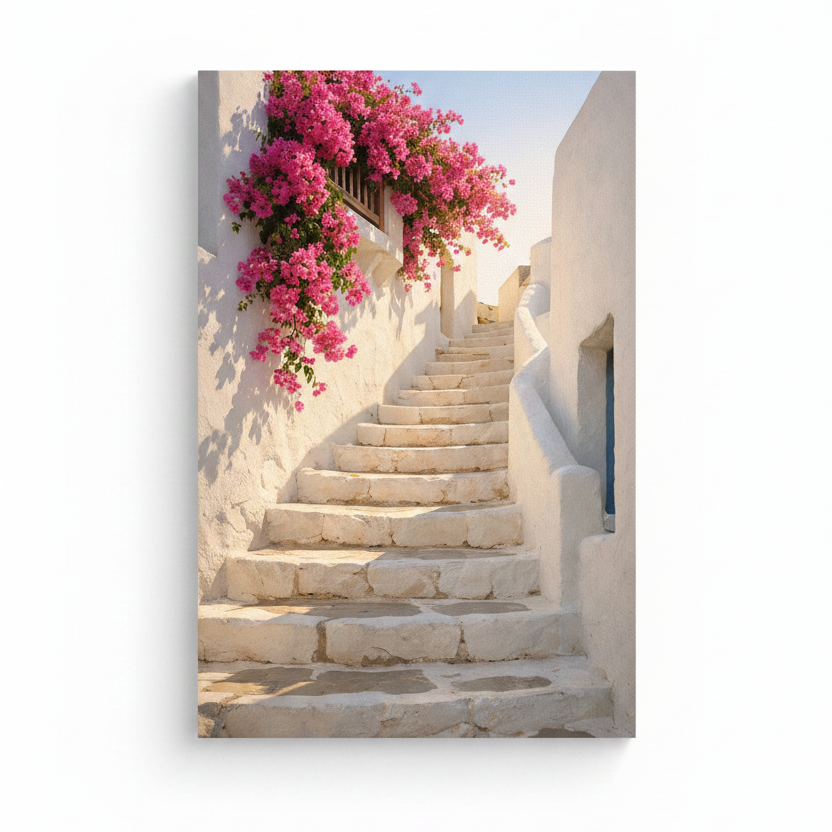 Sunlit Greek staircase with bougainvillea canvas wall art on white background - Portugal Canvas Co