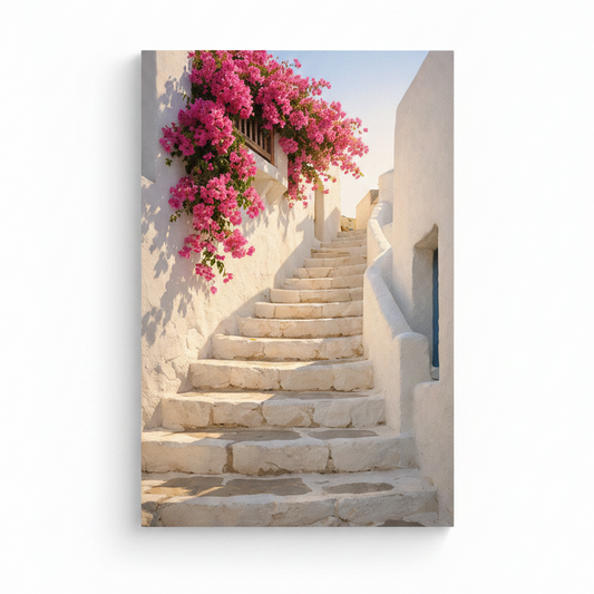 Sunlit Greek staircase with bougainvillea canvas wall art on white background - Portugal Canvas Co