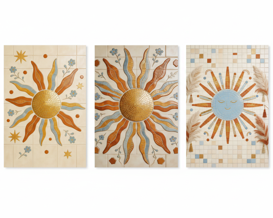 Boho mosaic sun triptych canvas wall art set flat lay on white background - Portugal Canvas Co