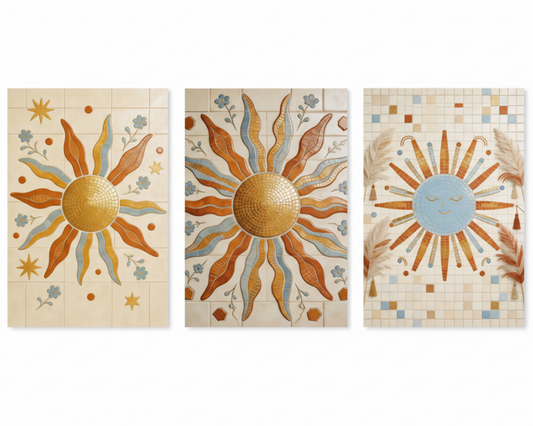 Boho mosaic sun triptych canvas wall art set flat lay on white background - Portugal Canvas Co
