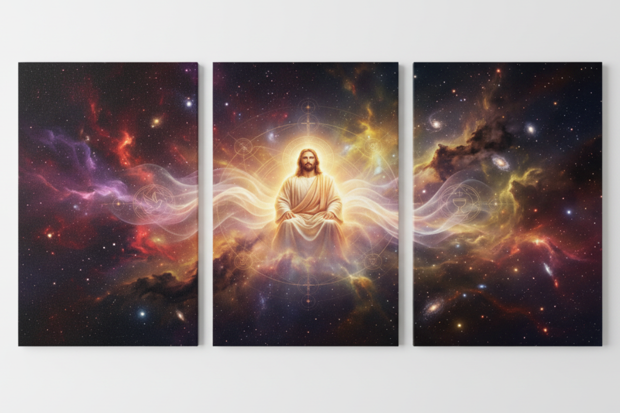 Cosmic divine light Jesus triptych canvas wall art flat lay on white background top-down view - Portugal Canvas Co