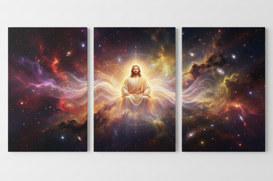 Cosmic divine light Jesus triptych canvas wall art flat lay on white background top-down view - Portugal Canvas Co