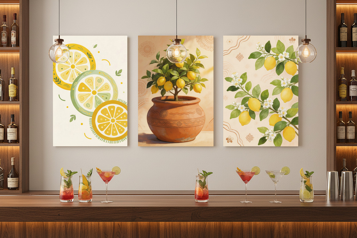 Mediterranean Lemon Wall Art Set triptych on cream wall in a stylish cocktail bar with dark wood counter - Portugal Canvas Co
