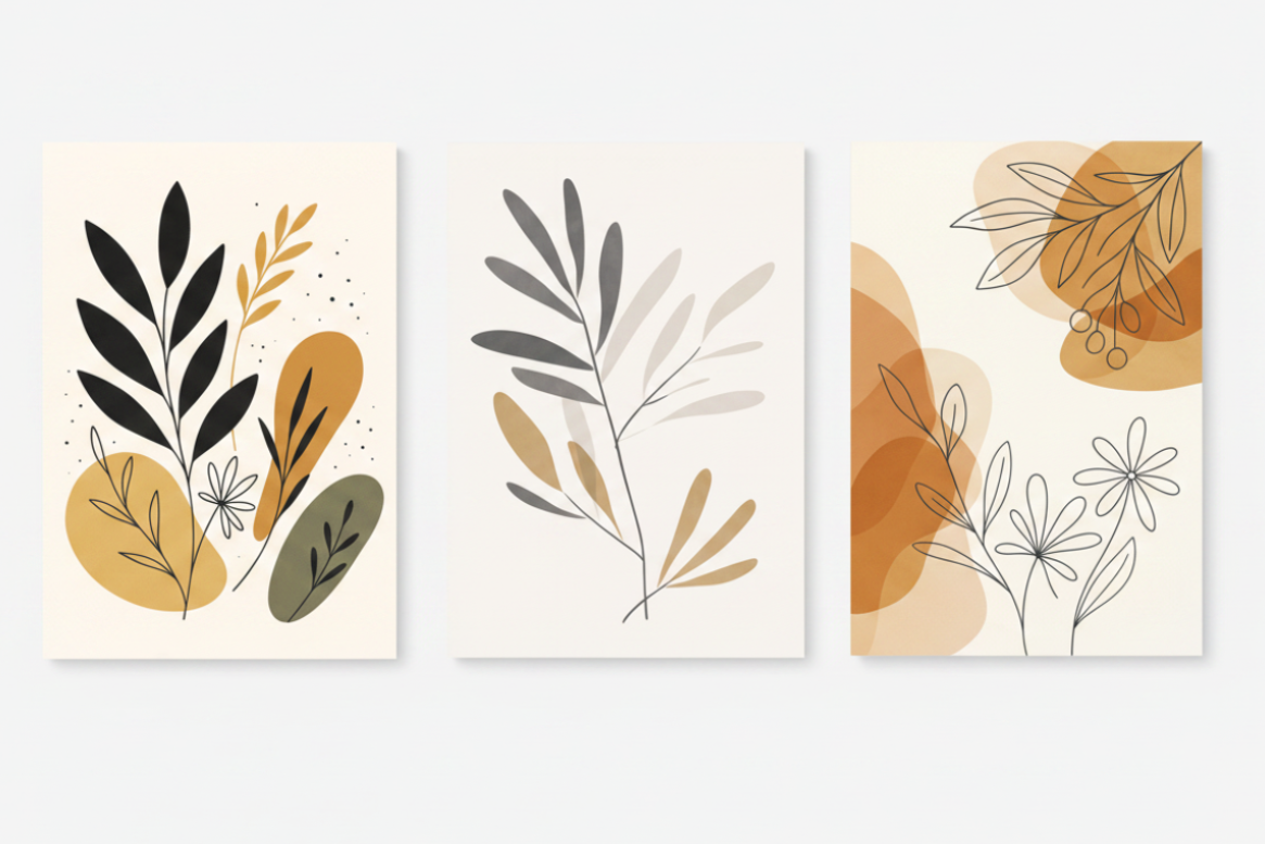 Minimalist boho botanical triptych canvas wall art set with black mustard and grey line art leaves on cream background flat lay on white background - Portugal Canvas Co