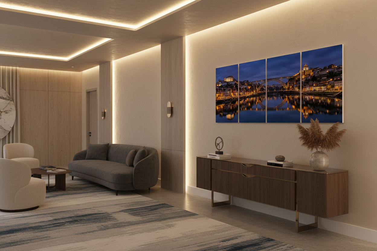 Porto Dom Luís I Bridge at night four-panel canvas wall art in an enclosed hotel corridor lounge with indirect lighting - Portugal Canvas Co