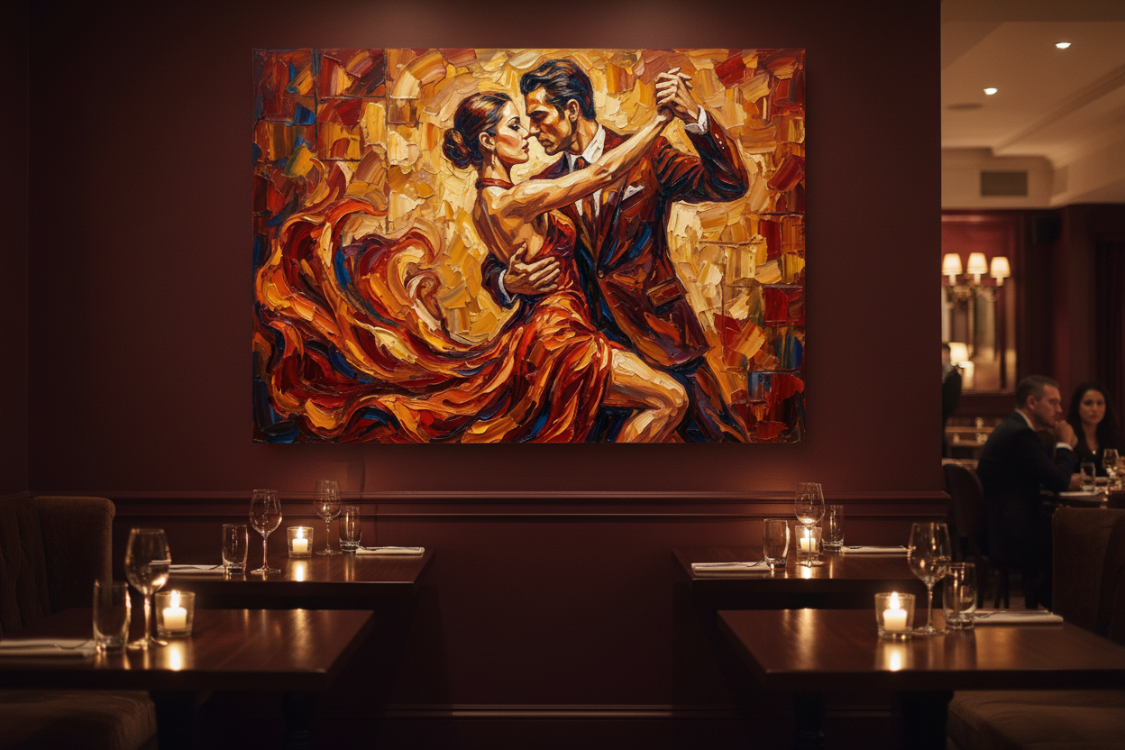 Passionate tango couple expressive canvas wall art displayed on a burgundy wall in an upscale tango bar with candlelit tables and romantic Latin ambiance - Portugal Canvas Co