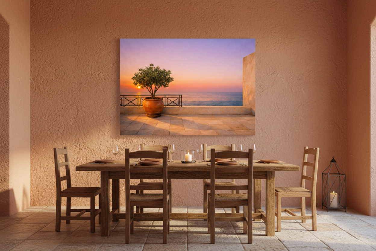 Mediterranean terrace at sunset canvas print displayed on a terracotta plaster wall in a Mediterranean dining room - Portugal Canvas Co