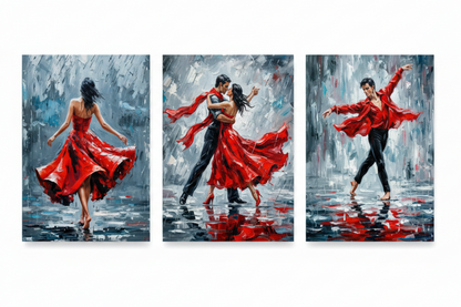 Expressive dance triptych red dress movement three panel canvas wall art flat lay on white background top-down view - Portugal Canvas Co