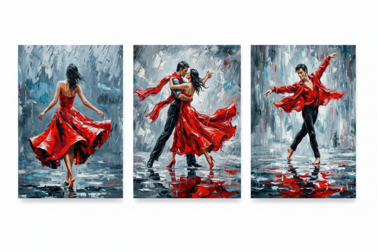 Expressive dance triptych red dress movement three panel canvas wall art flat lay on white background top-down view - Portugal Canvas Co