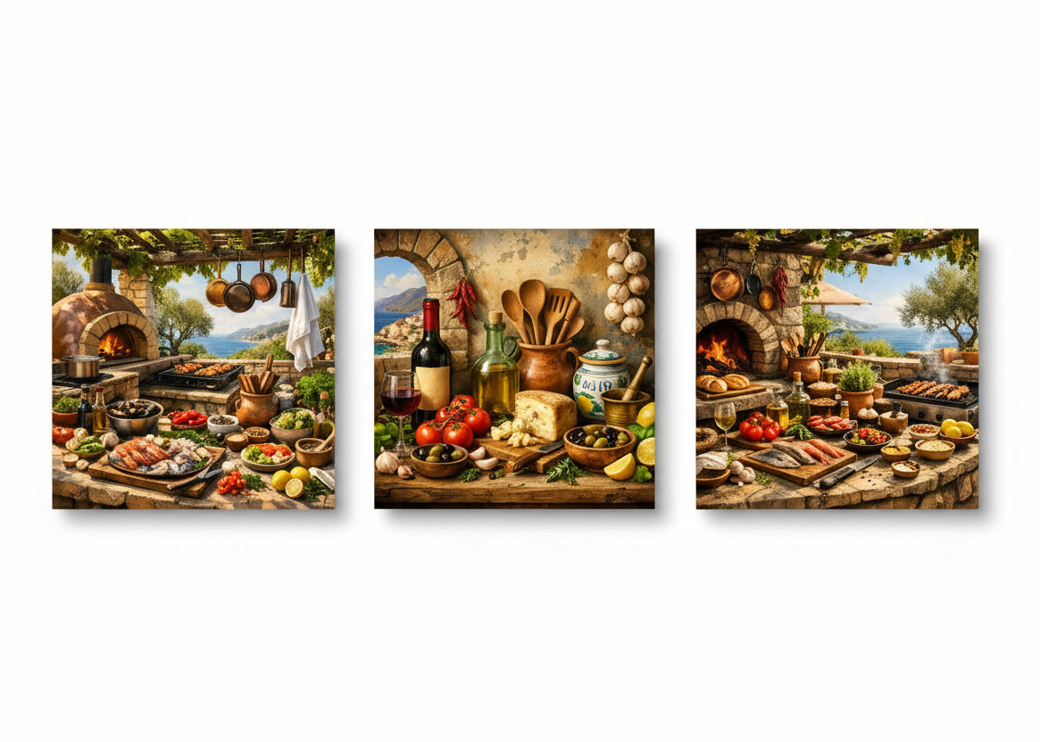 Mediterranean feast rustic kitchen triptych canvas set flat lay overhead view on white background - Portugal Canvas Co