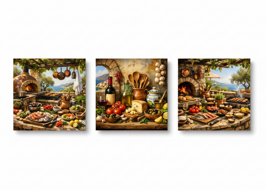 Mediterranean feast rustic kitchen triptych canvas set flat lay overhead view on white background - Portugal Canvas Co