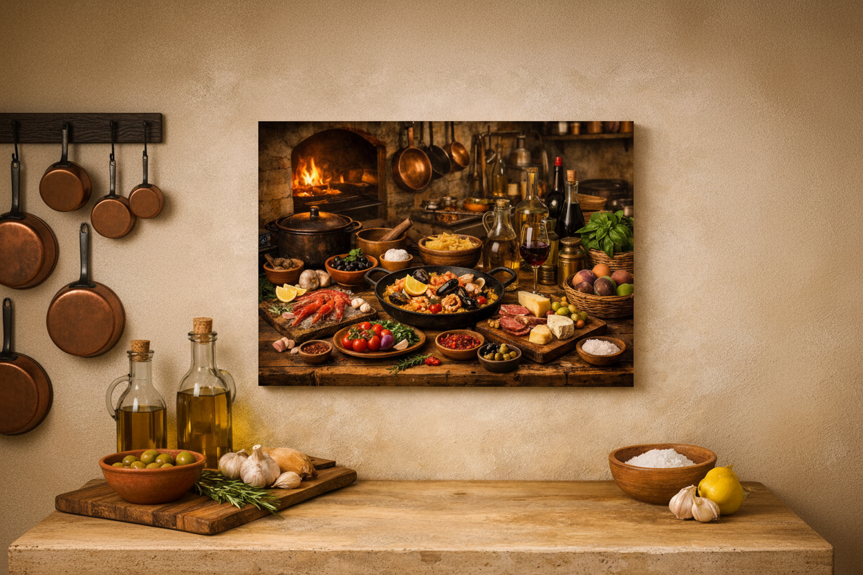 Mediterranean still life kitchen canvas wall art above rustic dining table in warm farmhouse kitchen with copper pots - Portugal Canvas Co