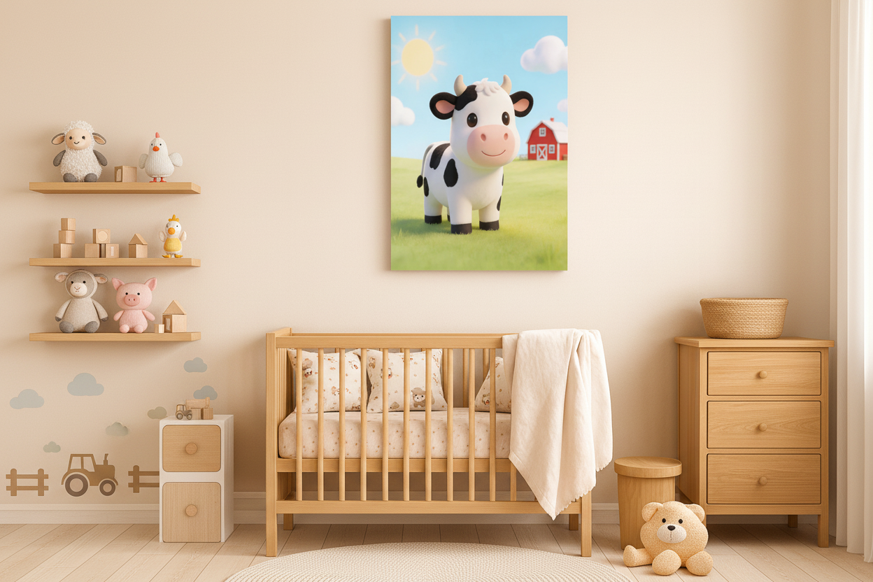 Cute farm cow canvas wall art displayed in a bright children's bedroom with farm animal decor - Portugal Canvas Co