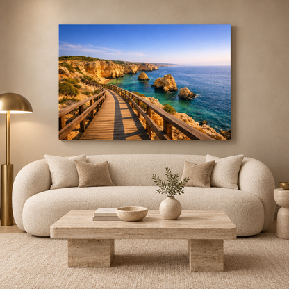 Carvoeiro Boardwalk coastal canvas above a cream sofa in an ivory living room with a brass lamp - Portugal Canvas Co