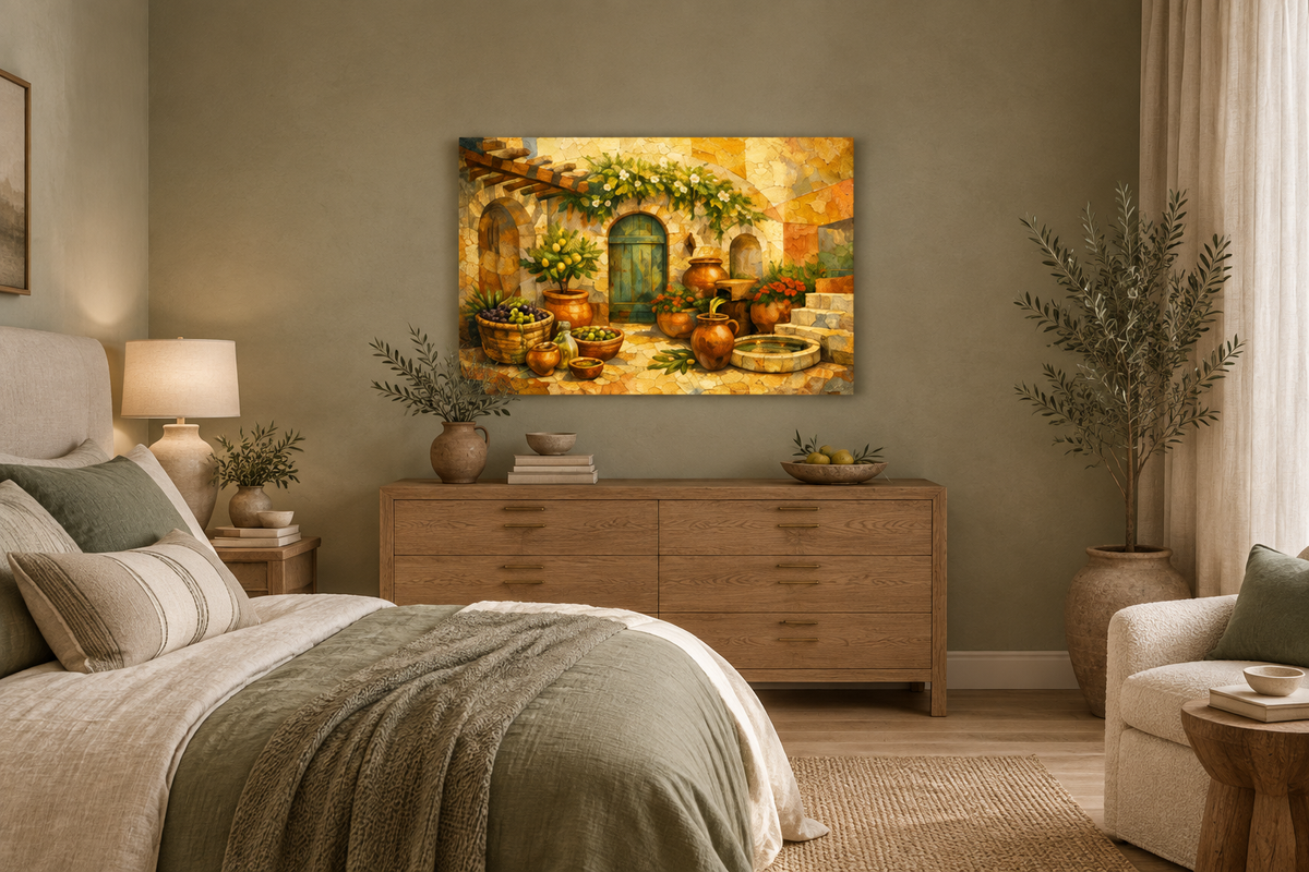 Mediterranean courtyard gallery-wrapped canvas in sage and sand bedroom - Portugal Canvas Co