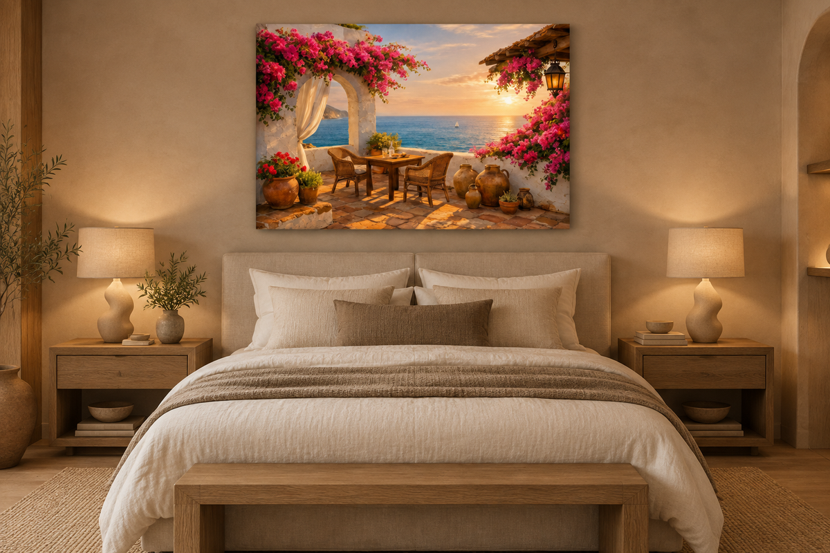Bougainvillea seaside terrace landscape canvas above a linen bed in a lamp-lit Japandi bedroom - Portugal Canvas Co