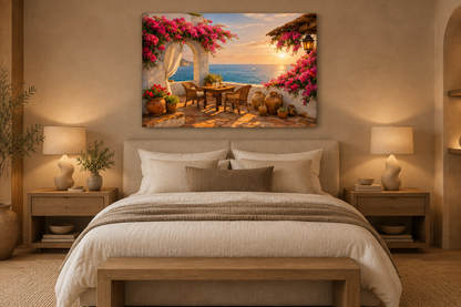 Bougainvillea seaside terrace landscape canvas above a linen bed in a lamp-lit Japandi bedroom - Portugal Canvas Co