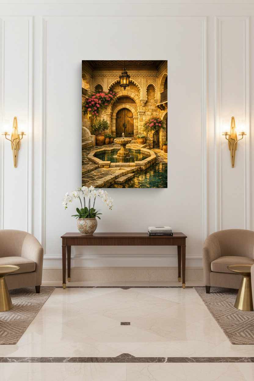 Moorish courtyard fountain canvas wall art displayed on a white wall in a luxury boutique hotel lobby with marble floors and warm sconce lighting - Portugal Canvas Co