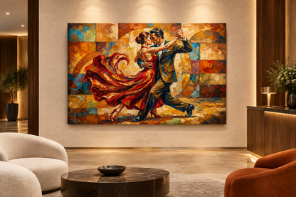 Geometric red dress tango canvas displayed in a luxury hotel lobby - Portugal Canvas Co