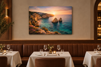 Praia da Marinha golden cliffs and twin rock stacks canvas above banquette in fine dining restaurant - Portugal Canvas Co