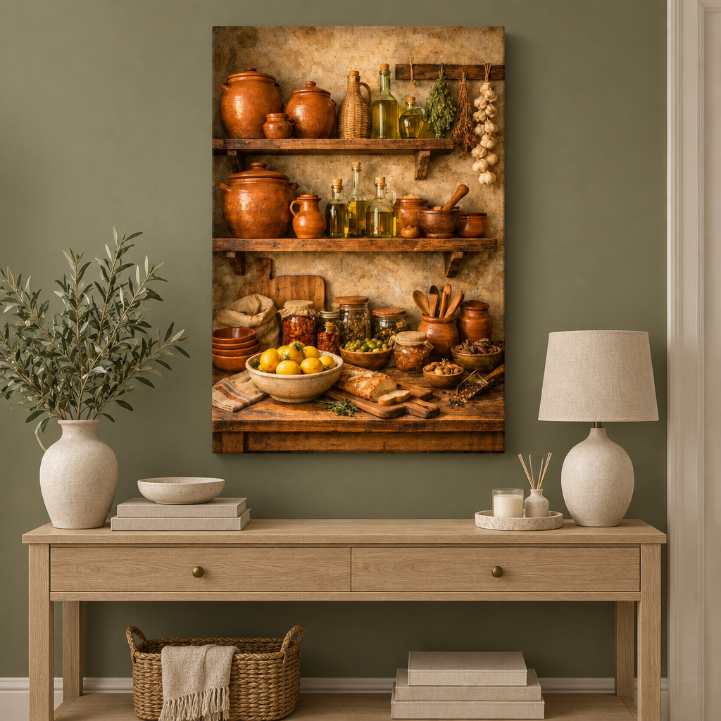 Rustic shelves with lemons, olive oil and terracotta jars canvas wall art in an olive green entryway - Portugal Canvas Co