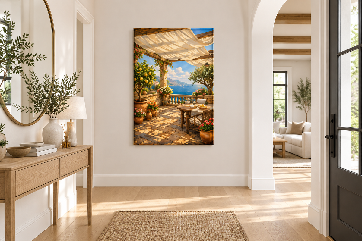 Mediterranean pergola terrace canvas wall art on the wall of a bright luxury home entryway - Portugal Canvas Co