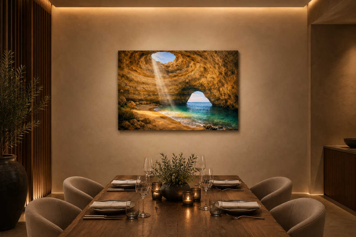 Benagil Cave sunbeam canvas evenly lit above a table in a coastal restaurant private dining room - Portugal Canvas Co