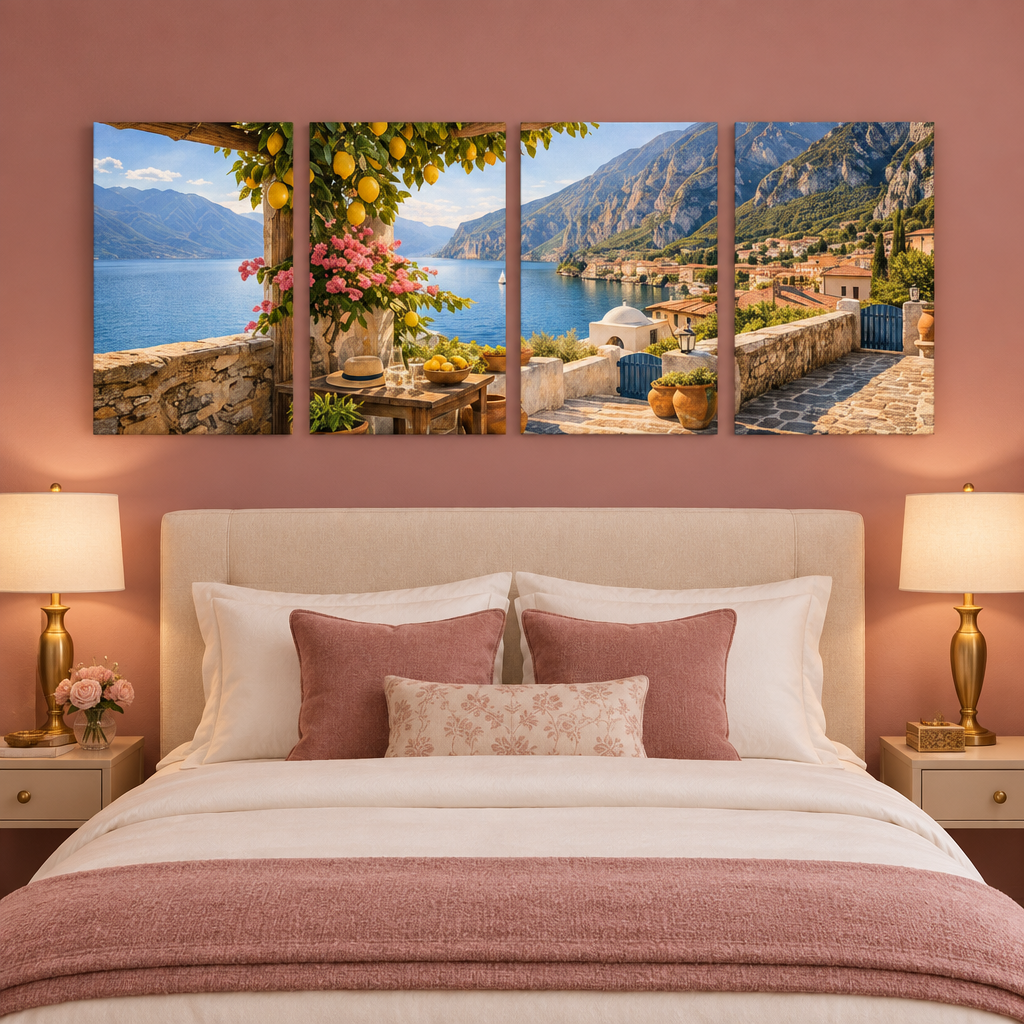 Mediterranean terrace four-panel canvas set above an ivory bed in a dusty rose bedroom - Portugal Canvas Co