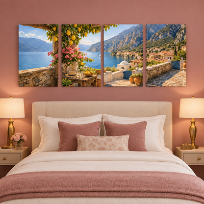 Mediterranean terrace four-panel canvas set above an ivory bed in a dusty rose bedroom - Portugal Canvas Co