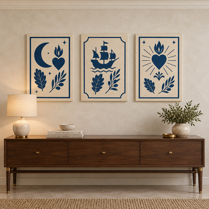 Navy and cream Portuguese folk art three-panel canvas set in a boutique hotel interior - Portugal Canvas Co