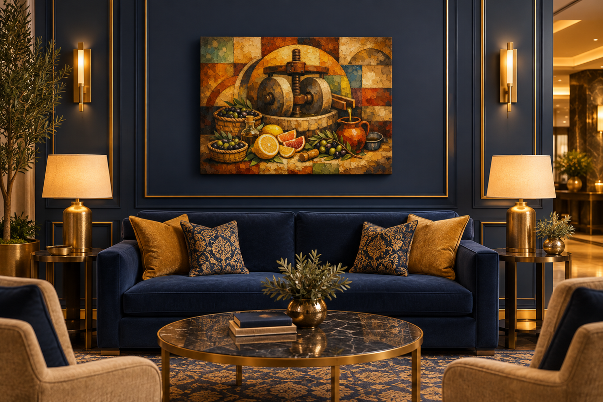 Olive oil press still life rustic Mediterranean canvas wall art in a navy and gold upscale hotel lounge - Portugal Canvas Co