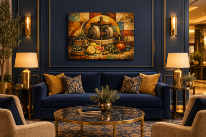Olive oil press still life rustic Mediterranean canvas wall art in a navy and gold upscale hotel lounge - Portugal Canvas Co