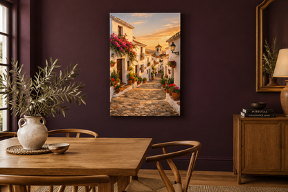 Golden hour Mediterranean village street canvas wall art in a plum dining room with oak table - Portugal Canvas Co