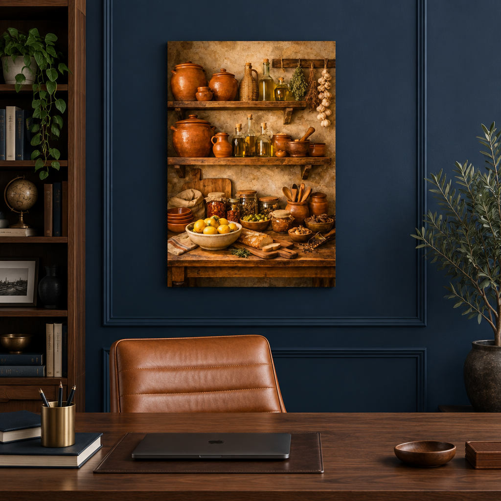 Rustic shelves with lemons, olive oil and terracotta jars canvas wall art in a navy blue home office - Portugal Canvas Co