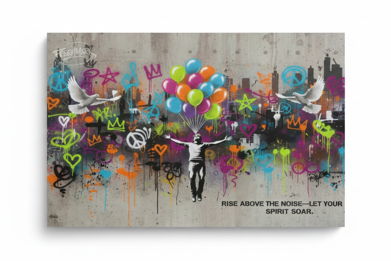 Banksy style street art canvas of figure floating with colourful balloons and white doves over vibrant graffiti cityscape flat lay on white background - Portugal Canvas Co