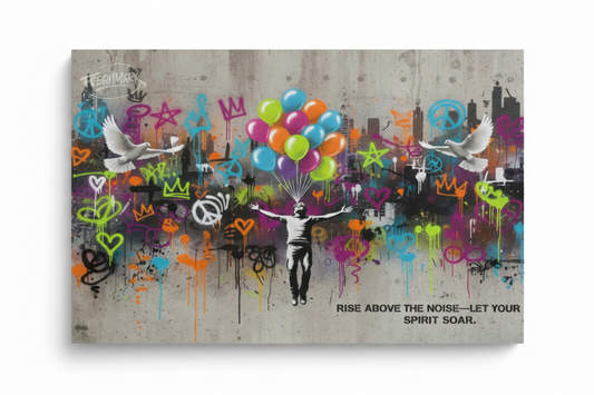 Banksy style street art canvas of figure floating with colourful balloons and white doves over vibrant graffiti cityscape flat lay on white background - Portugal Canvas Co