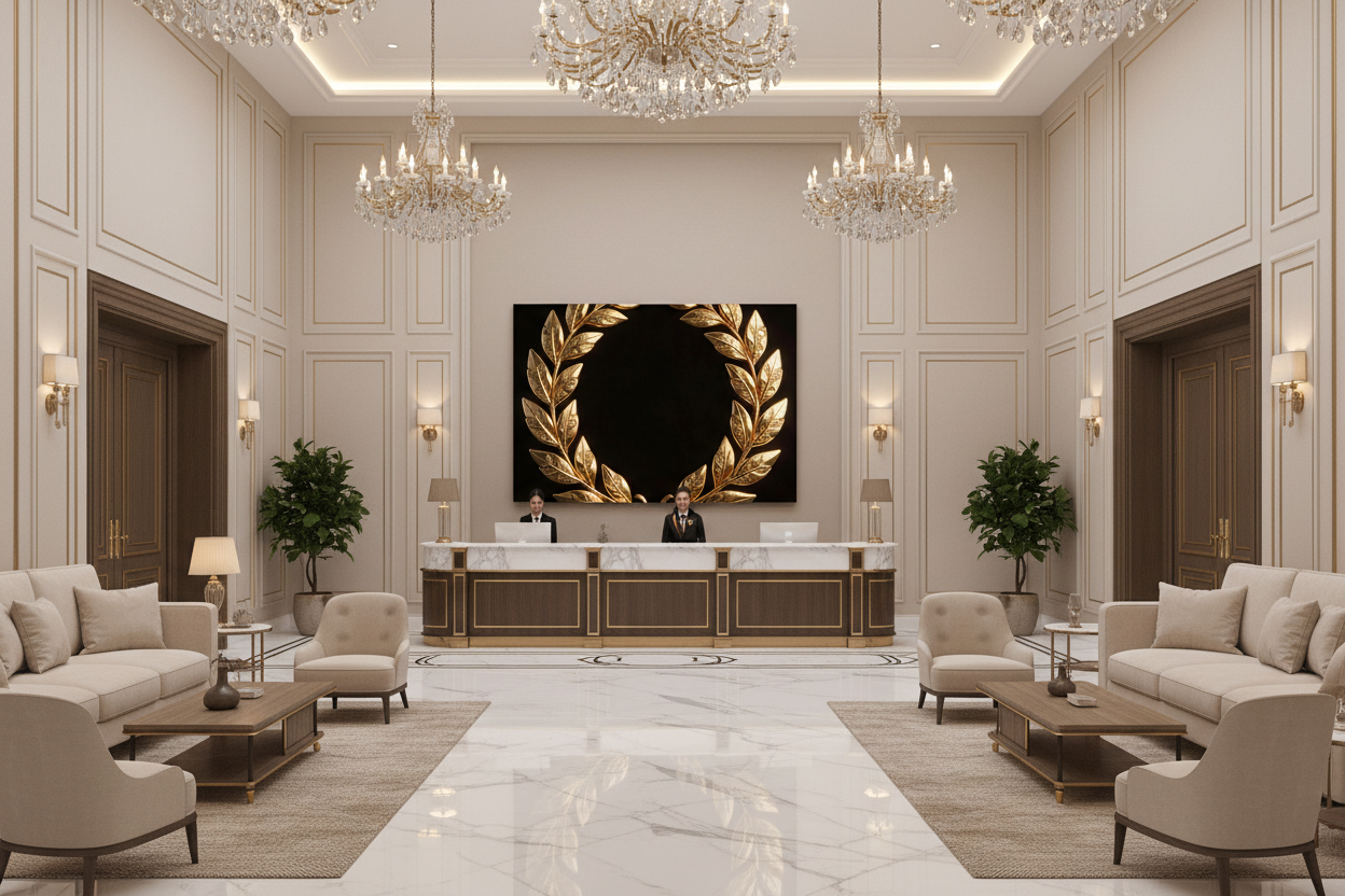 Golden Laurel Wreath canvas wall art displayed on the feature wall of a grand luxury hotel reception lobby with marble floors and crystal chandeliers - Portugal Canvas Co
