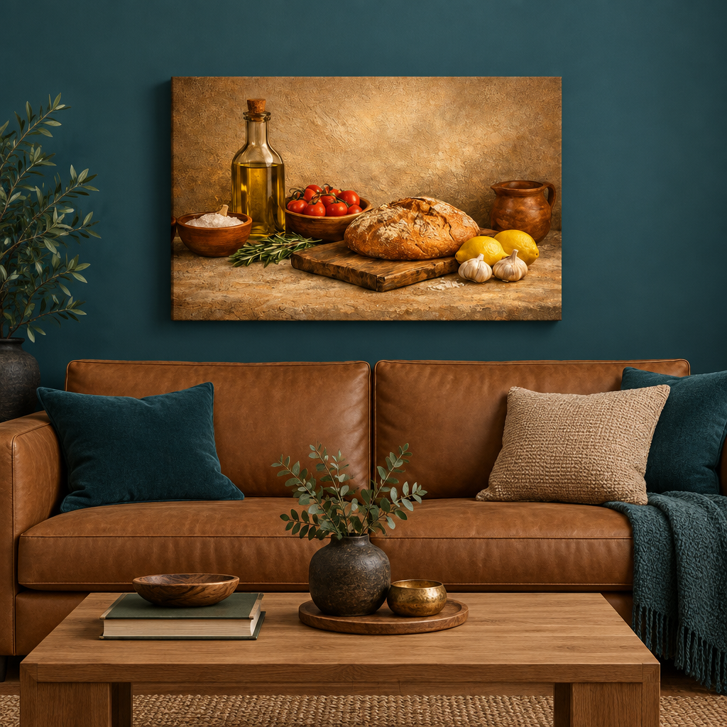 Mediterranean bread, olive oil and lemon still-life canvas in a teal living room - Portugal Canvas Co