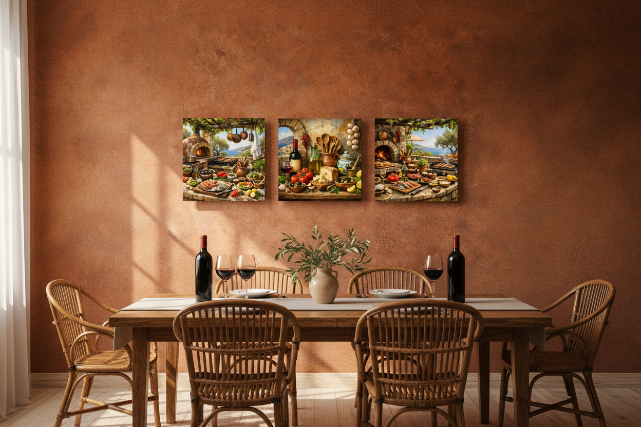 Mediterranean feast rustic kitchen triptych canvas set on sandy wall in a rustic Mediterranean dining room with rattan chairs and linen tablecloth - Portugal Canvas Co