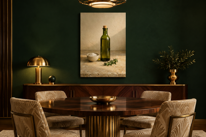 Olive oil bottle and rosemary canvas in a lamp-lit emerald Art Deco dining room - Portugal Canvas Co