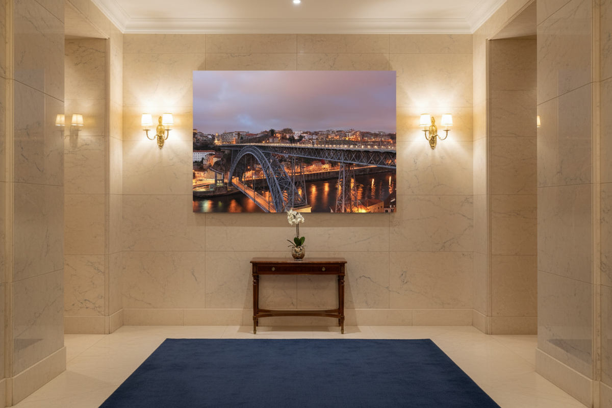 Porto Dom Luis I bridge night canvas wall art displayed in a grand hotel corridor - Portugal Canvas Co