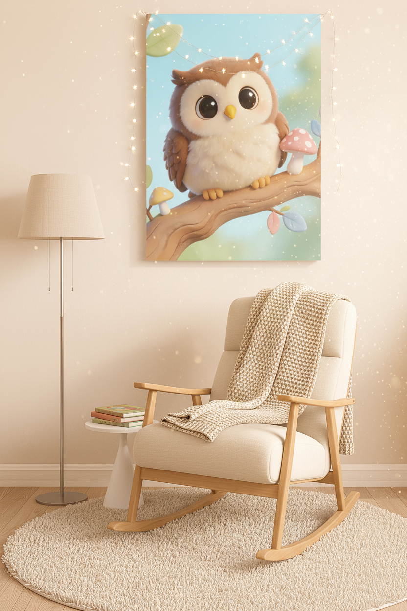Cute baby owl nursery canvas wall art above a rocking chair in a cozy nursery reading nook - Portugal Canvas Co