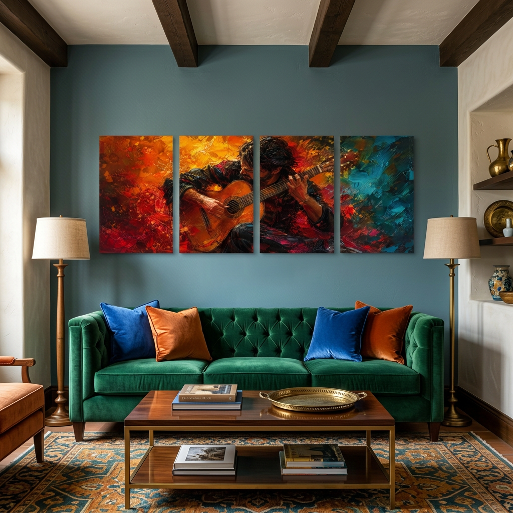 Four-panel guitarist canvas artwork in a vibrant emerald living room - Portugal Canvas Co