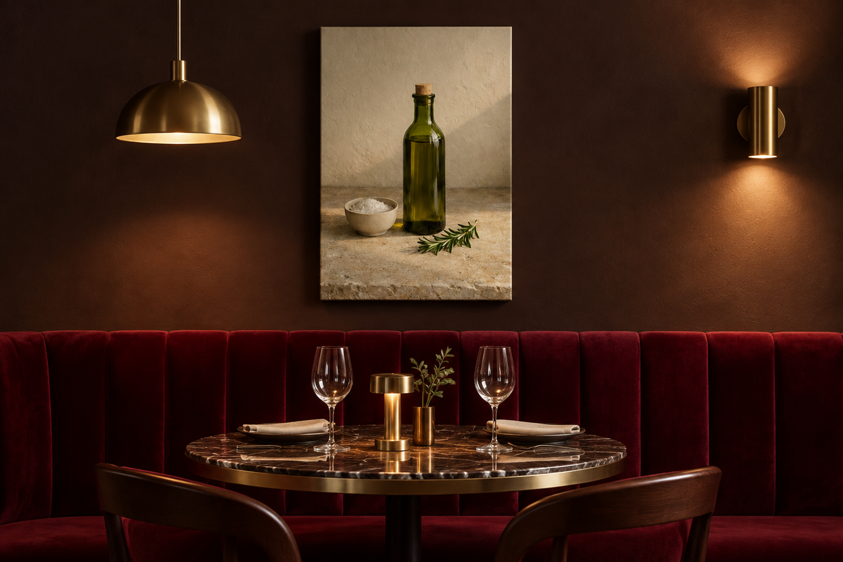 Olive oil bottle and rosemary canvas above burgundy velvet seating in a lamp-lit boutique restaurant - Portugal Canvas Co