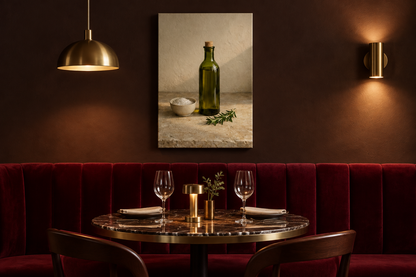 Olive oil bottle and rosemary canvas above burgundy velvet seating in a lamp-lit boutique restaurant - Portugal Canvas Co
