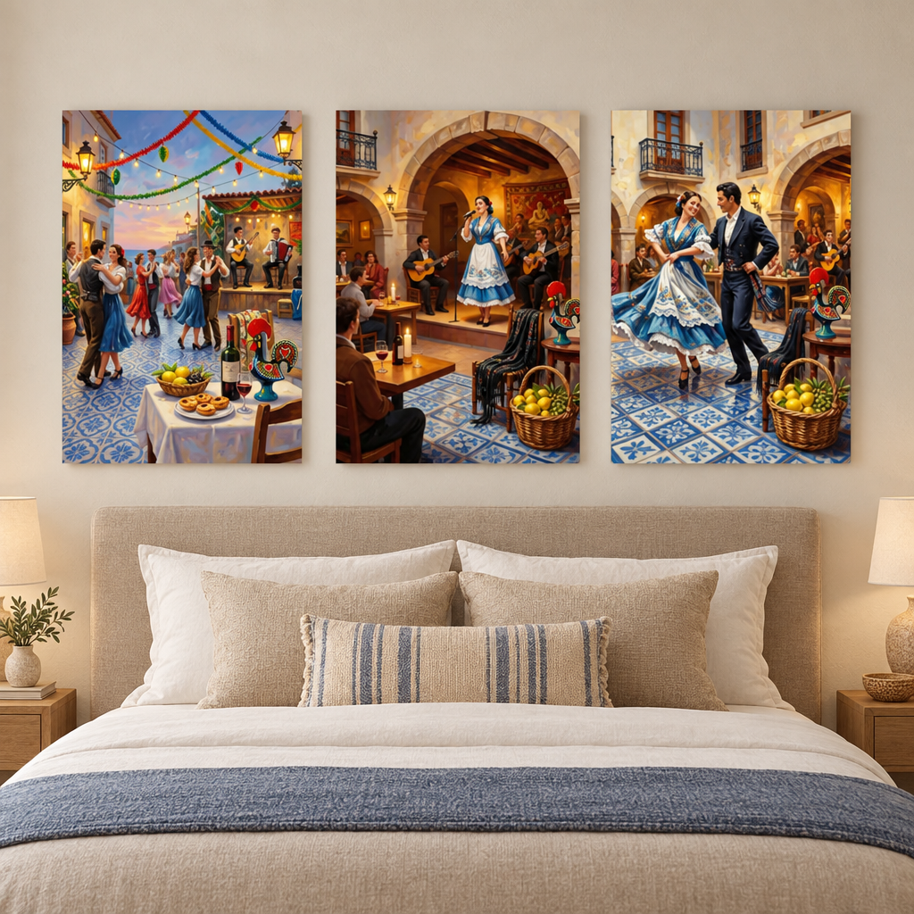 Three-piece Portuguese celebration canvas art above a boutique hotel guest bed - Portugal Canvas Co