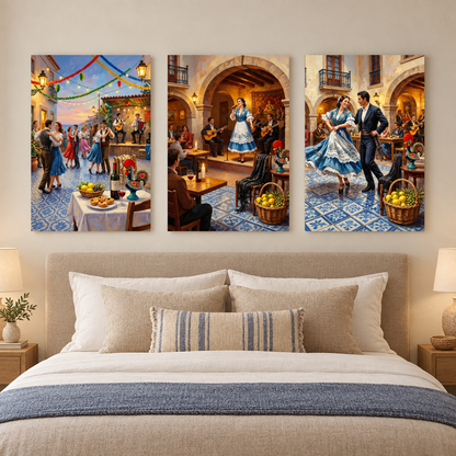 Three-piece Portuguese celebration canvas art above a boutique hotel guest bed - Portugal Canvas Co
